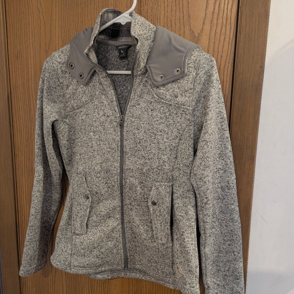 Eddie Bauer Fleece Lined Knit Hooded Zip Down Gray Speckled Jacket-XS